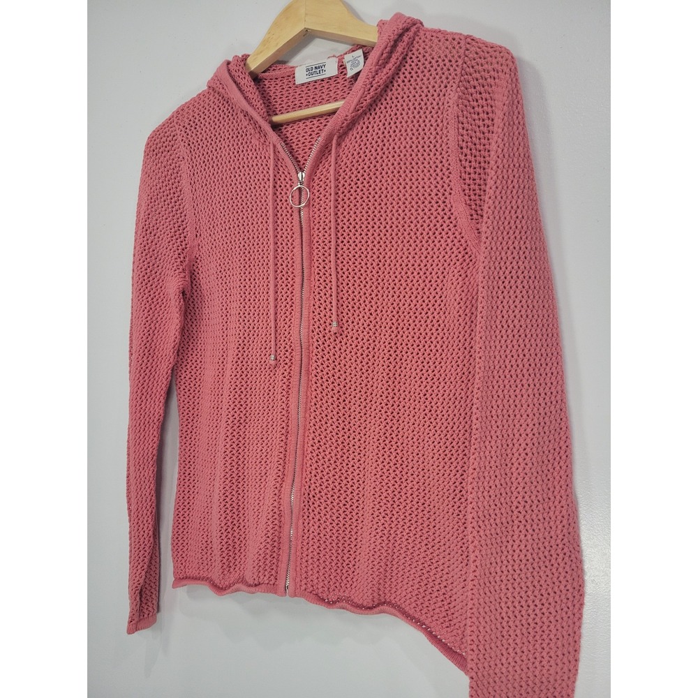 Womens Large Coral Pink Open Knit Full Zip Cotton Hoodie Sweater Old Navy - Picture 3 of 7